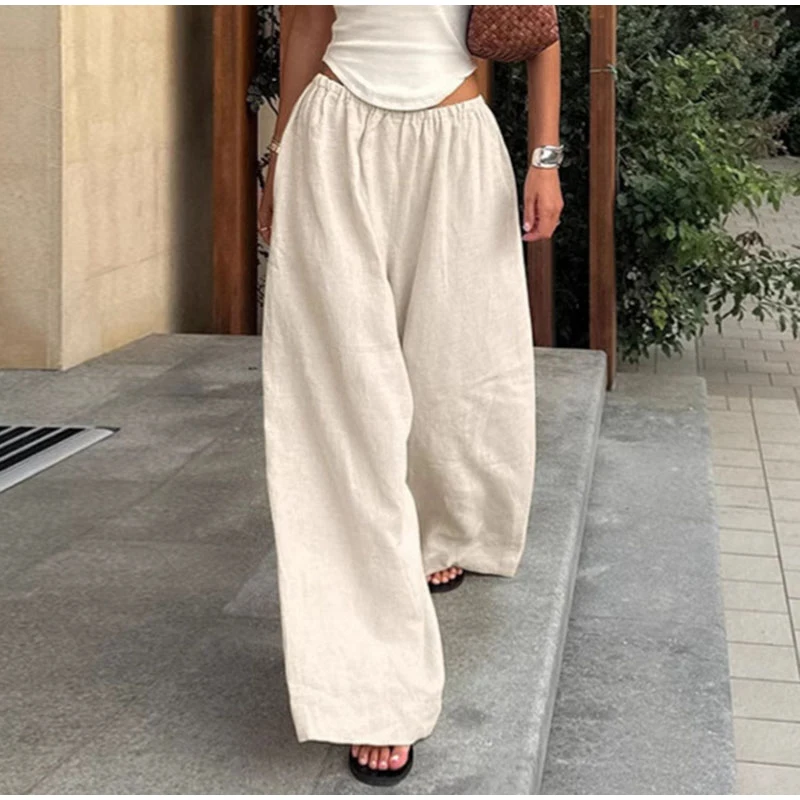 Cotton Linen Loose Women's Pant Elastic Waist Pleated Casual Female Wide Leg Trousers 2025 Summer Solid Vacation Lady Pant