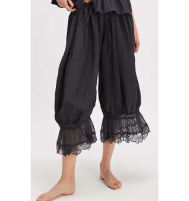 Women's Y2K Loose Fit Bloomers Cropped Pants Drawstring High Waist Floral Lace Patchwork Calf-Length Lantern Trousers