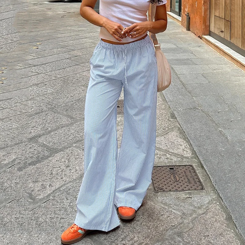 Streetwear Striped Print Loose Trousers Lace-up Joggers Fashion Y2K Baggy Pants Basic Aesthetic 90s Cute Bottoms