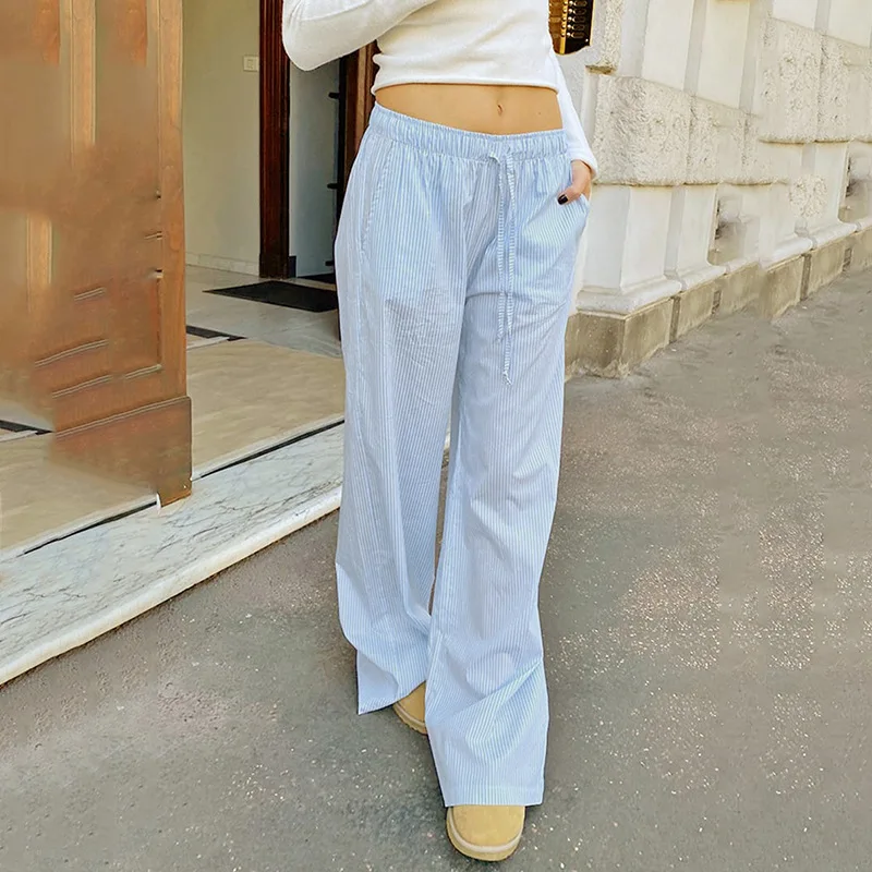 Streetwear Striped Print Loose Trousers Lace-up Joggers Fashion Y2K Baggy Pants Basic Aesthetic 90s Cute Bottoms
