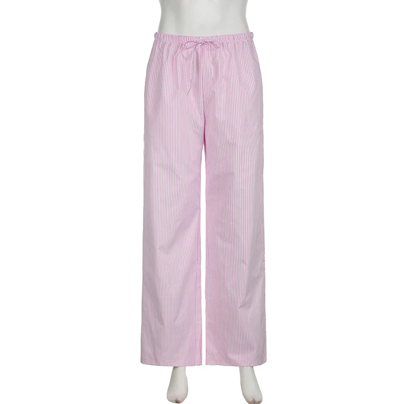 Streetwear Striped Print Loose Trousers Lace-up Joggers Fashion Y2K Baggy Pants Basic Aesthetic 90s Cute Bottoms