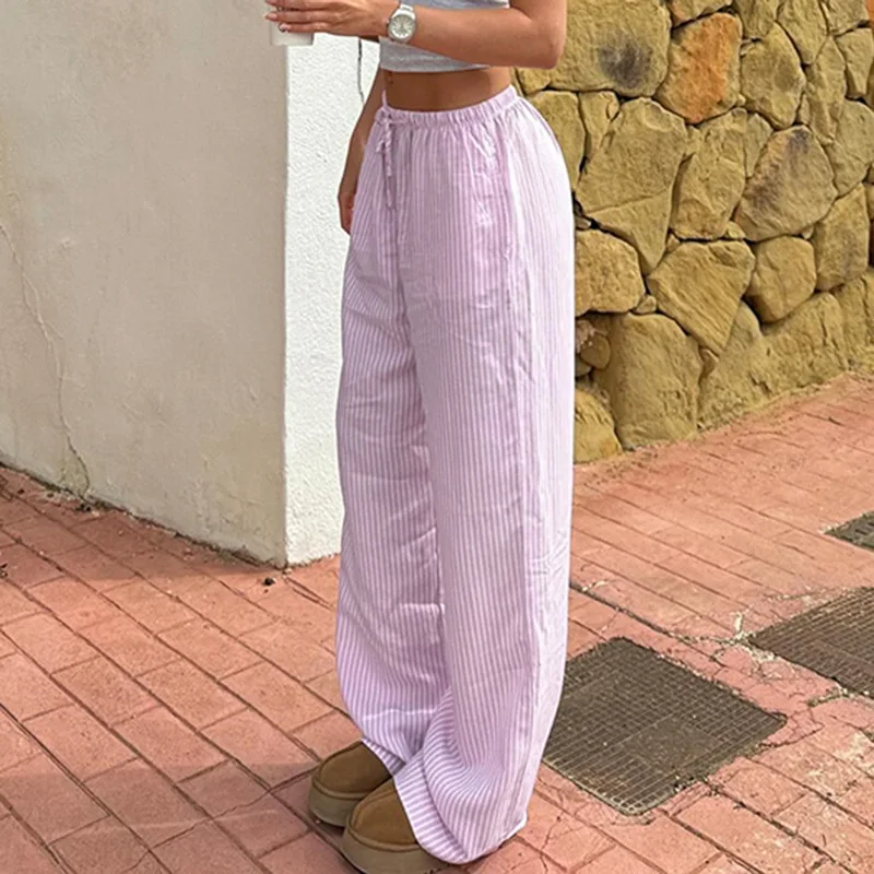 Streetwear Striped Print Loose Trousers Lace-up Joggers Fashion Y2K Baggy Pants Basic Aesthetic 90s Cute Bottoms
