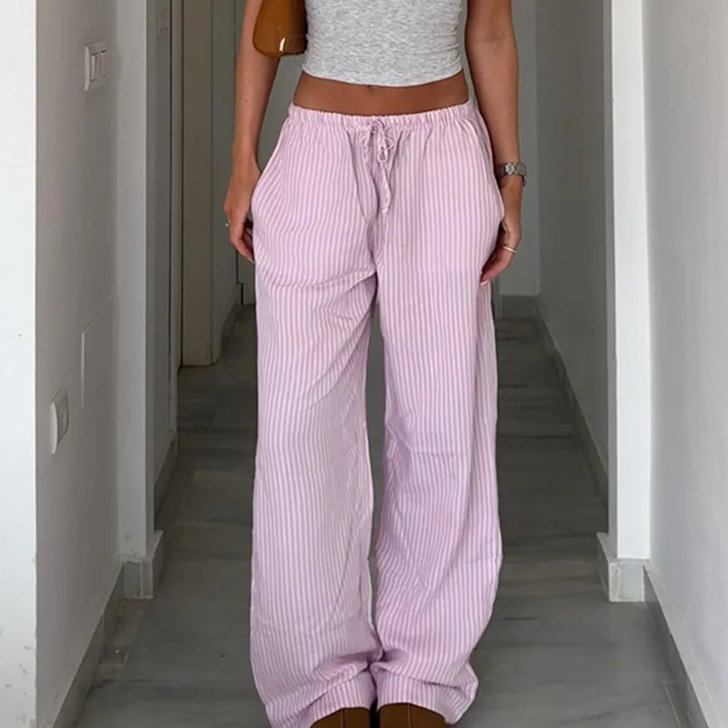 Streetwear Striped Print Loose Trousers Lace-up Joggers Fashion Y2K Baggy Pants Basic Aesthetic 90s Cute Bottoms