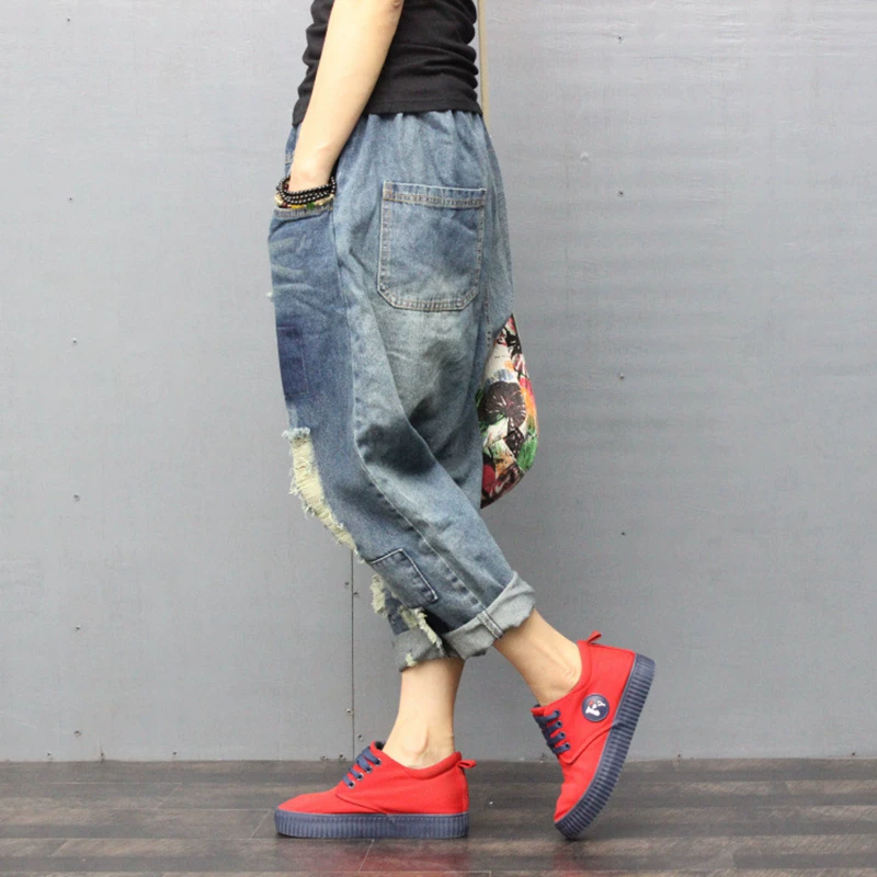TIYIHAILEY Ankle Length Pants for Women, Denim Trousers, Elastic Waist, Casual Patchwork 3/4 Pants with Holes New Fashion 2026