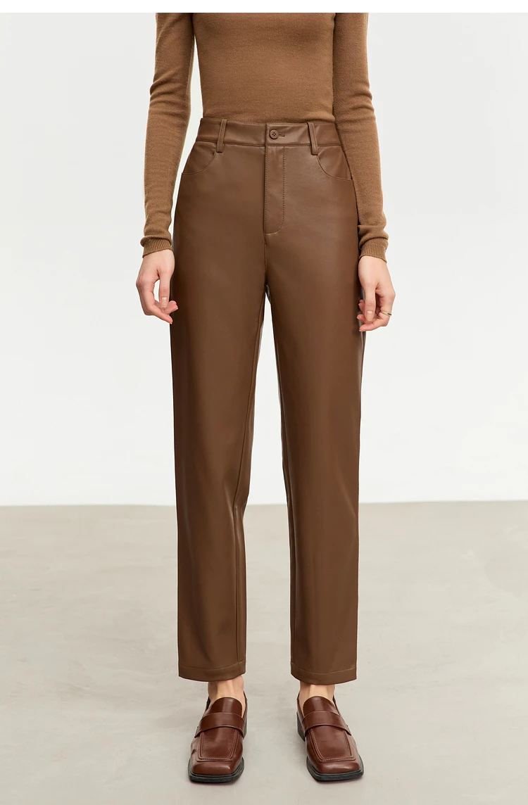 AMII Minimalist Ankle-length Casual Women Pants Winter New 2024 PU Leather Pants Straight Fashion Female Solid Trousers 12344138