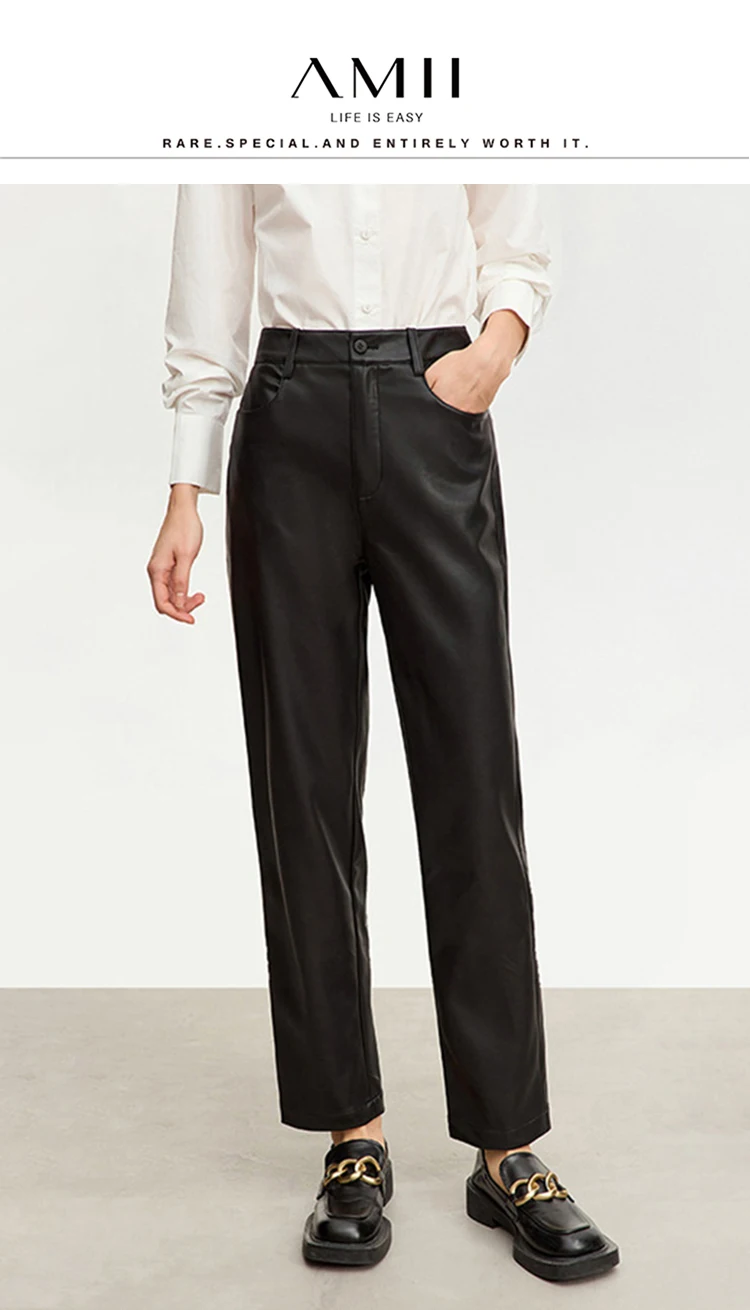 AMII Minimalist Ankle-length Casual Women Pants Winter New 2024 PU Leather Pants Straight Fashion Female Solid Trousers 12344138