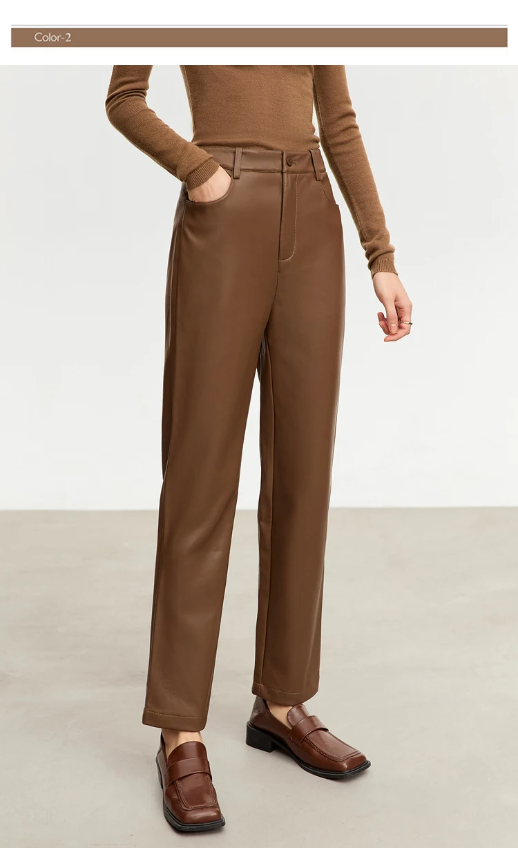 AMII Minimalist Ankle-length Casual Women Pants Winter New 2024 PU Leather Pants Straight Fashion Female Solid Trousers 12344138