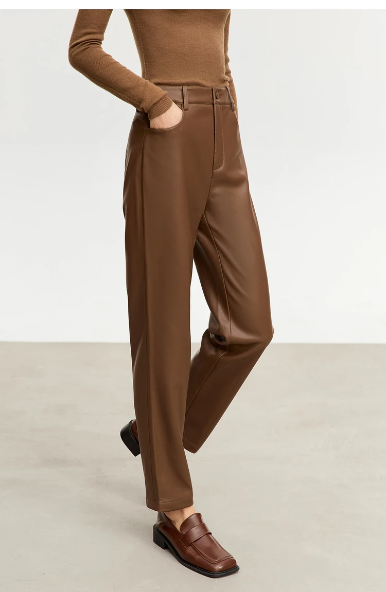 AMII Minimalist Ankle-length Casual Women Pants Winter New 2024 PU Leather Pants Straight Fashion Female Solid Trousers 12344138