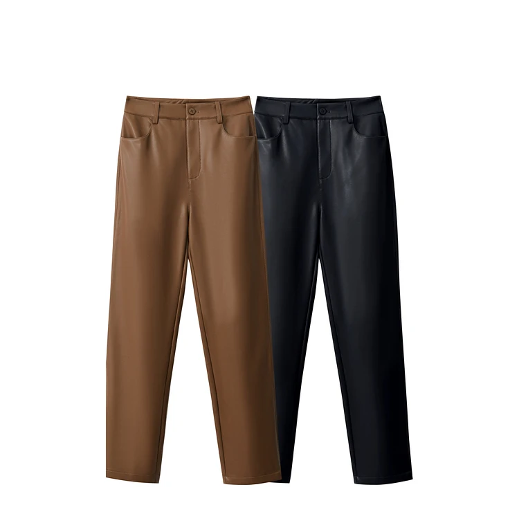AMII Minimalist Ankle-length Casual Women Pants Winter New 2024 PU Leather Pants Straight Fashion Female Solid Trousers 12344138