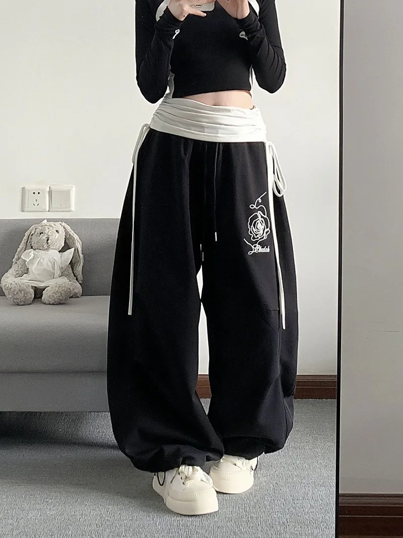 Retro Print Y2K Wide Leg Pant Women Hip Hop Streetwear American Loose Trousers Harajuku Vintage High Waist Bf Straight Pants New