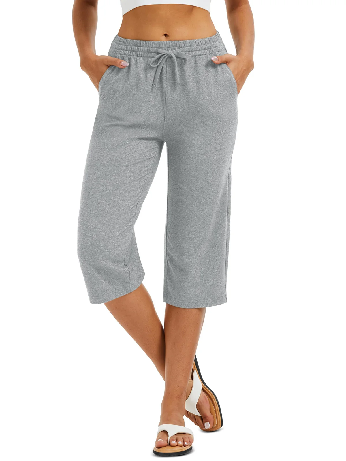 TACVASEN Women's Lightweight Cotton Capris Loose Pants Wide Leg Capris Casual Lounge Workout Sports Sweatpants with 5 Pockets