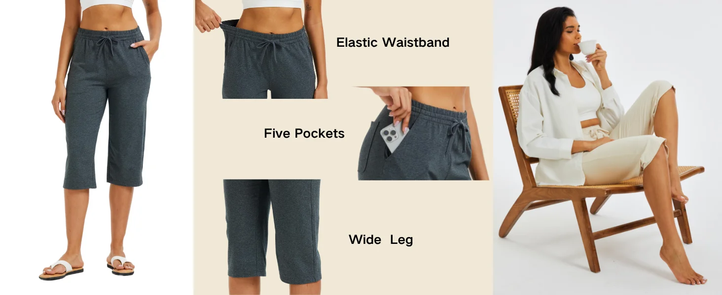 TACVASEN Women's Lightweight Cotton Capris Loose Pants Wide Leg Capris Casual Lounge Workout Sports Sweatpants with 5 Pockets