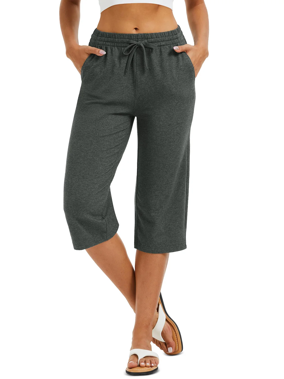 TACVASEN Women's Lightweight Cotton Capris Loose Pants Wide Leg Capris Casual Lounge Workout Sports Sweatpants with 5 Pockets
