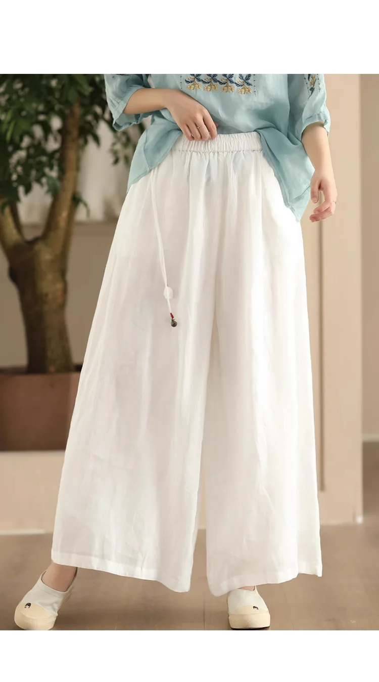 Johnature Women Vintage Ramie Wide Leg Pants Solid Color 2025 Summer New Elastic Waist Trousers Loose Casual Pants