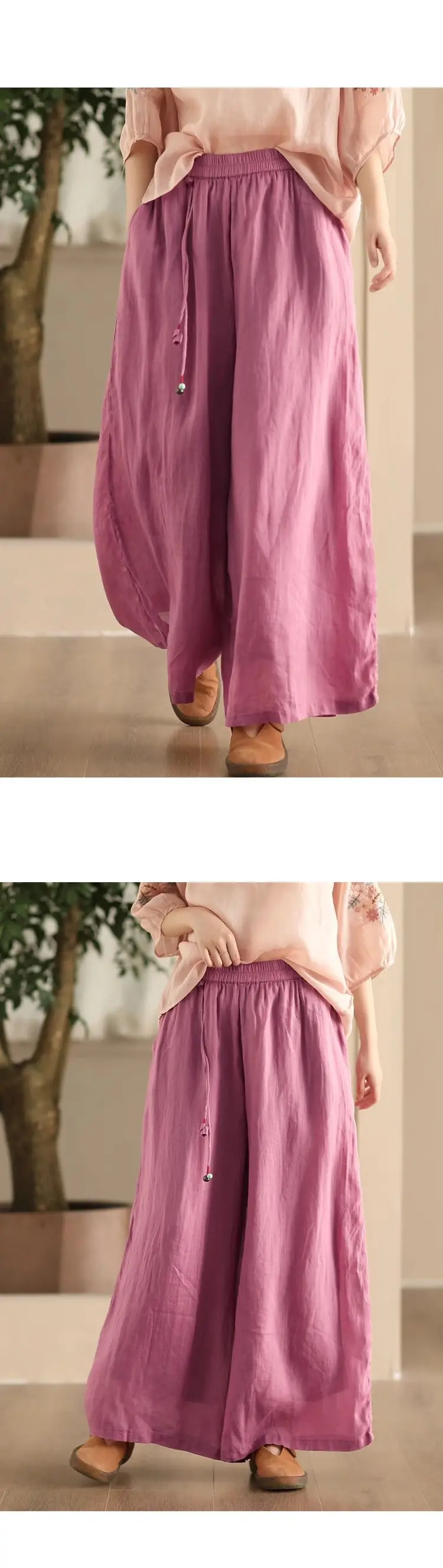 Johnature Women Vintage Ramie Wide Leg Pants Solid Color 2025 Summer New Elastic Waist Trousers Loose Casual Pants