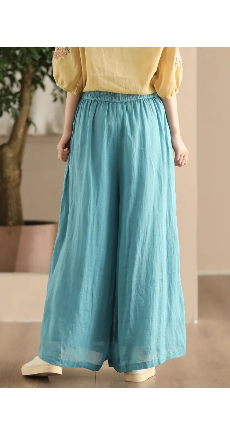 Johnature Women Vintage Ramie Wide Leg Pants Solid Color 2025 Summer New Elastic Waist Trousers Loose Casual Pants