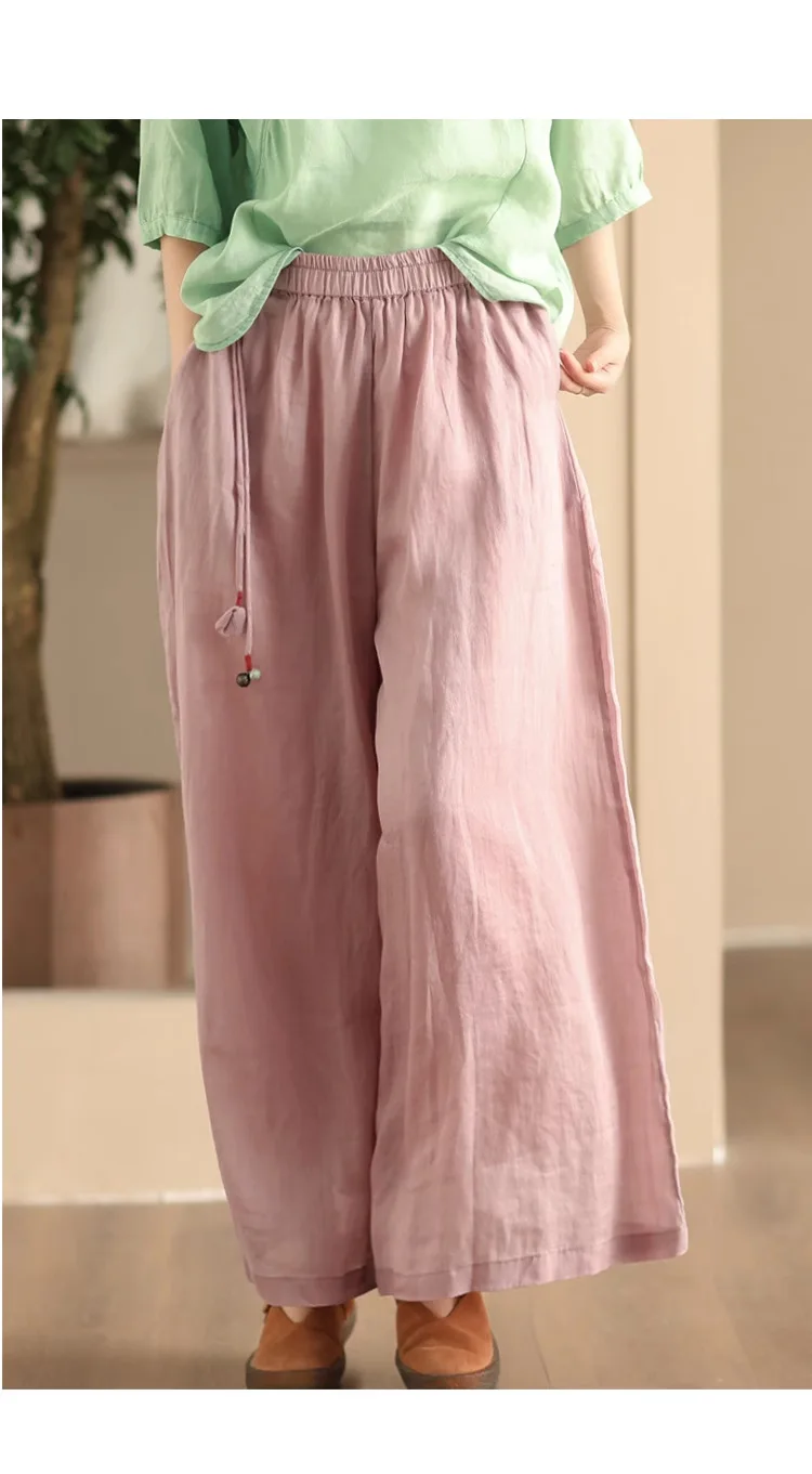 Johnature Women Vintage Ramie Wide Leg Pants Solid Color 2025 Summer New Elastic Waist Trousers Loose Casual Pants