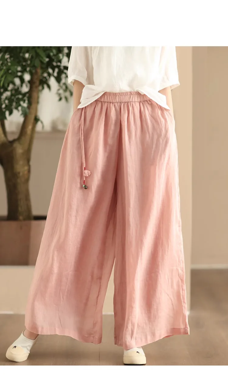 Johnature Women Vintage Ramie Wide Leg Pants Solid Color 2025 Summer New Elastic Waist Trousers Loose Casual Pants
