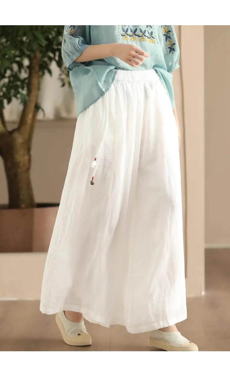 Johnature Women Vintage Ramie Wide Leg Pants Solid Color 2025 Summer New Elastic Waist Trousers Loose Casual Pants