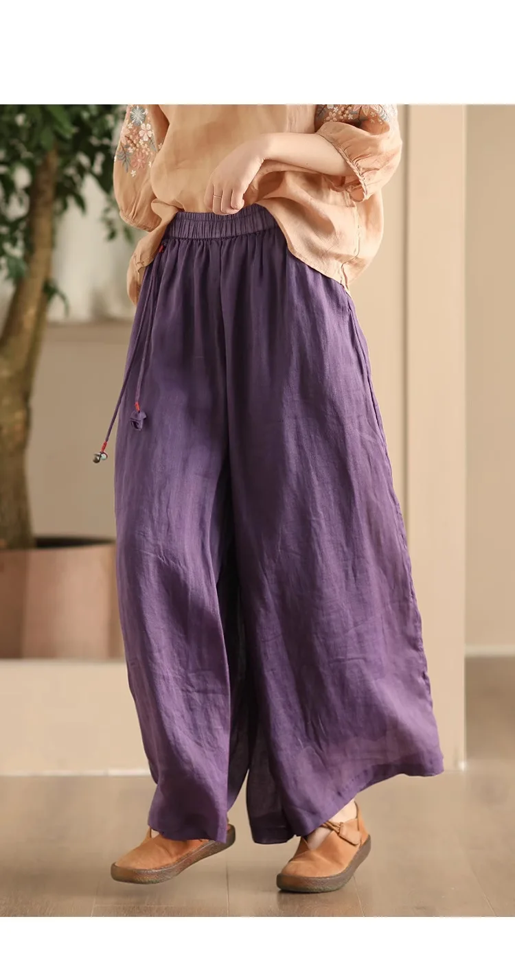 Johnature Women Vintage Ramie Wide Leg Pants Solid Color 2025 Summer New Elastic Waist Trousers Loose Casual Pants