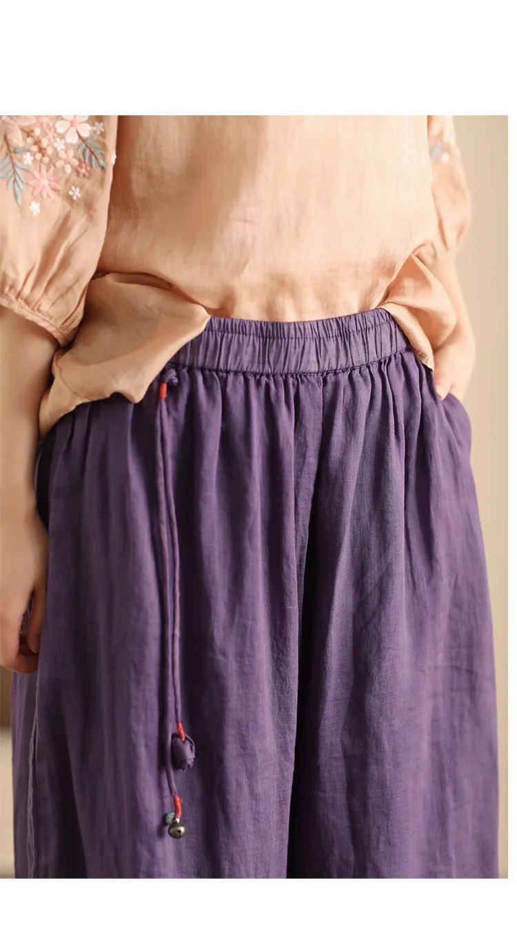 Johnature Women Vintage Ramie Wide Leg Pants Solid Color 2025 Summer New Elastic Waist Trousers Loose Casual Pants