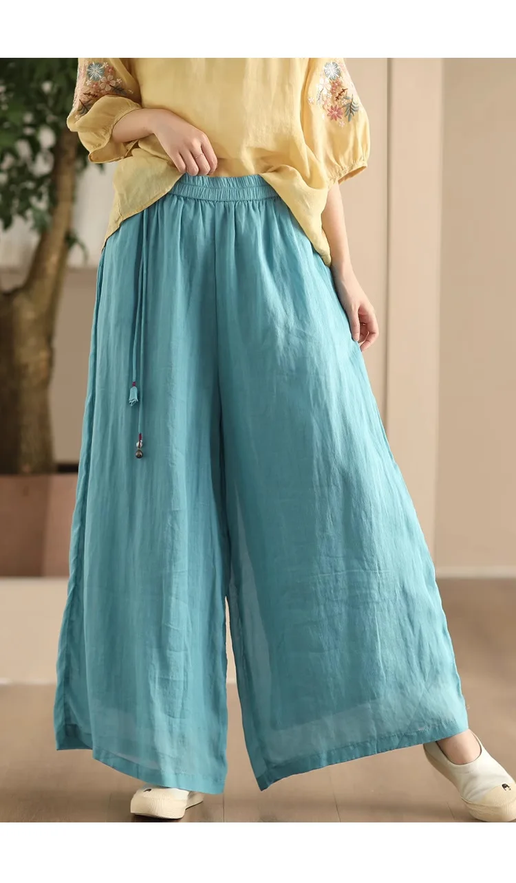Johnature Women Vintage Ramie Wide Leg Pants Solid Color 2025 Summer New Elastic Waist Trousers Loose Casual Pants