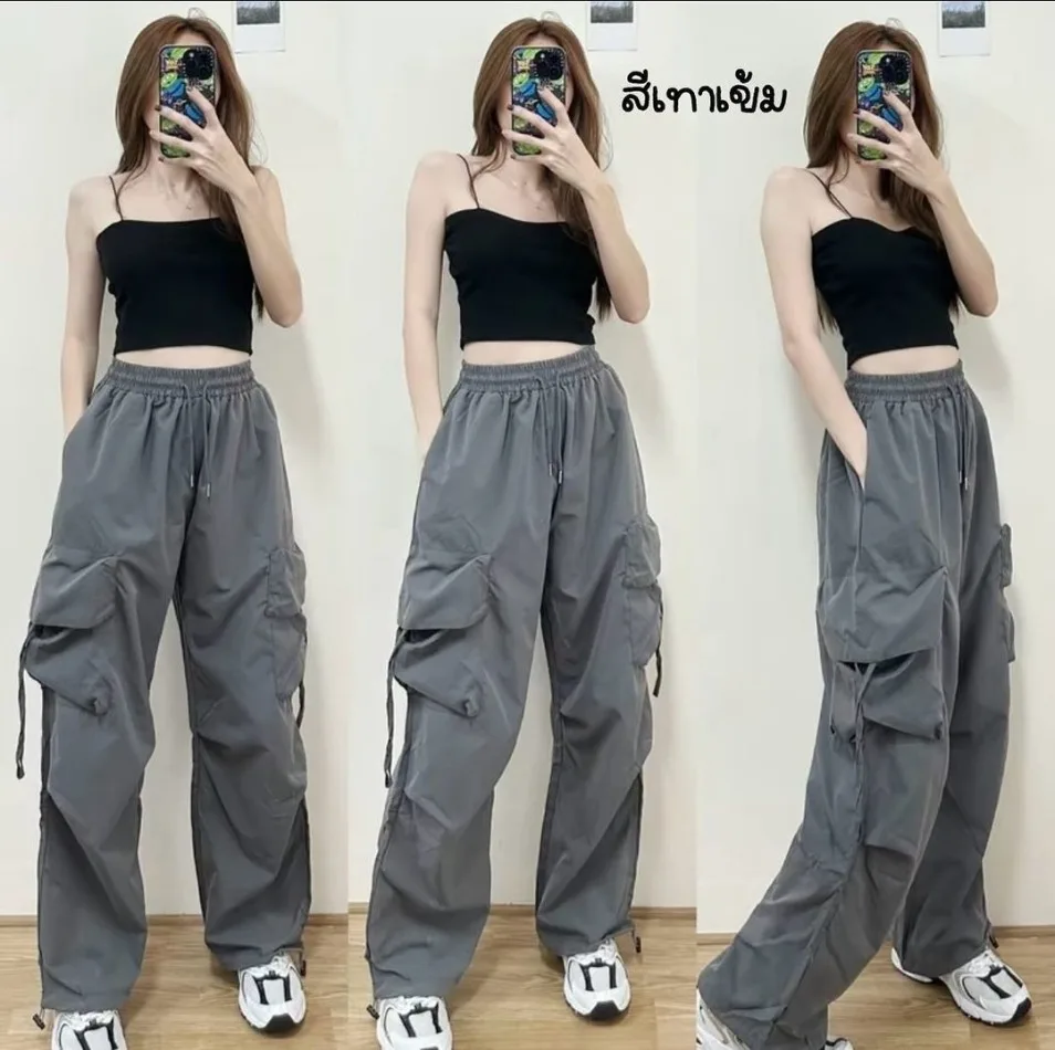 New Women Y2K Cargo Pants Fashion Casual High Waist Big Pockets Hip Hop Trousers Female Streetwear Drawstring Baggy Sweatpants