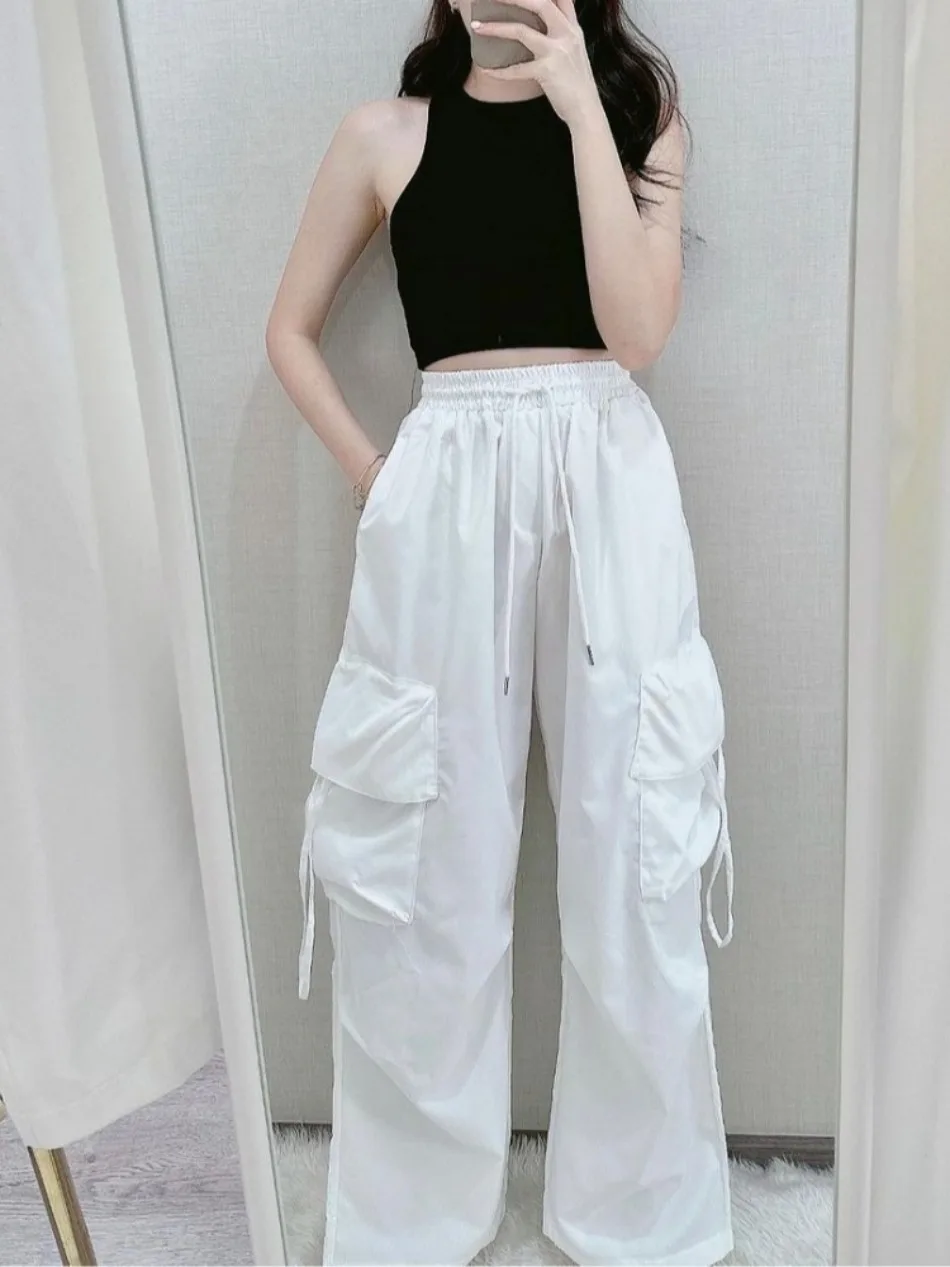 New Women Y2K Cargo Pants Fashion Casual High Waist Big Pockets Hip Hop Trousers Female Streetwear Drawstring Baggy Sweatpants