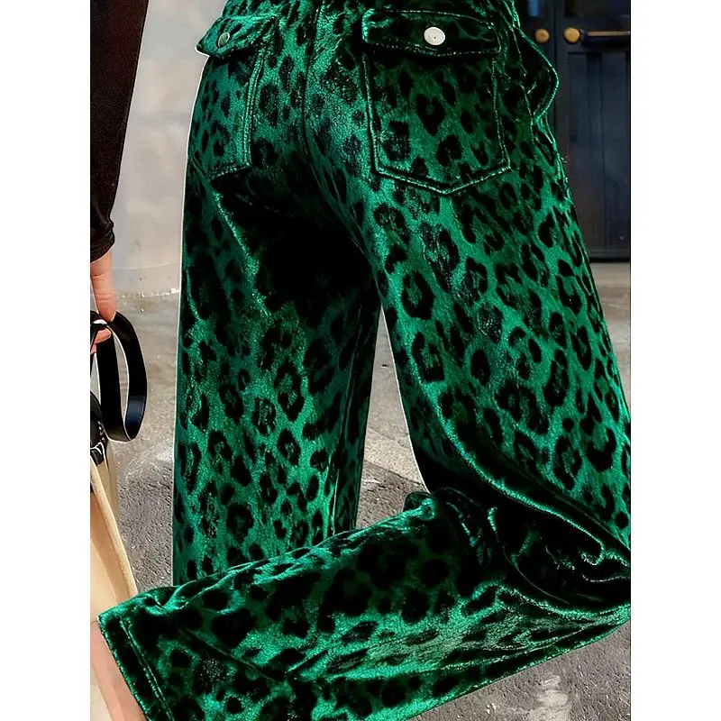 Limiguyue Green Leopard Velvet Pants Pocket Women High End Ankle-Length Trousers Slim Waist Casual New Straight Pant Winter 924A