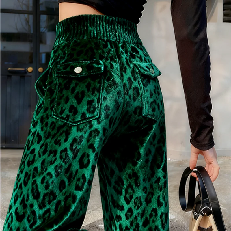 Limiguyue Green Leopard Velvet Pants Pocket Women High End Ankle-Length Trousers Slim Waist Casual New Straight Pant Winter 924A