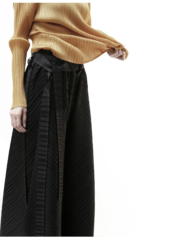 Miyake Pleated Harem Pants With Belt Women Summer New Designer Vintage Casual Big Size Wide Leg Pants Women Trousers