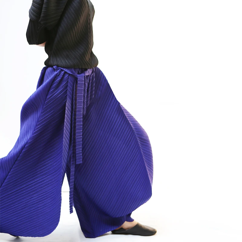 Miyake Pleated Harem Pants With Belt Women Summer New Designer Vintage Casual Big Size Wide Leg Pants Women Trousers