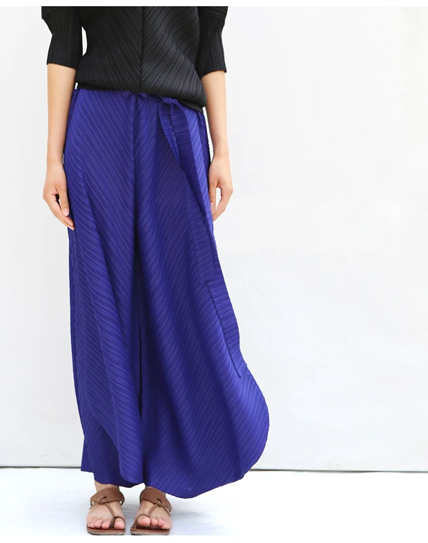 Miyake Pleated Harem Pants With Belt Women Summer New Designer Vintage Casual Big Size Wide Leg Pants Women Trousers