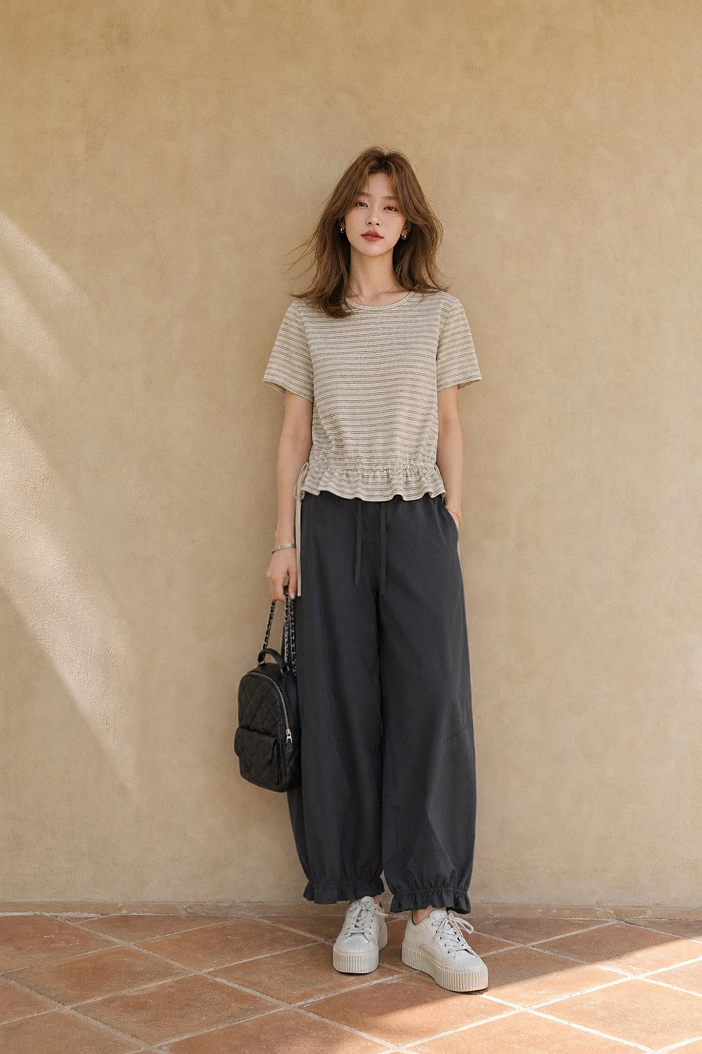 XIAOGULI Women Elastic Waist Loose Fit Ankle Jogger Pants Floral Ruffle Trim Quick-Dry Lightweight Korean Style Daily Outfit