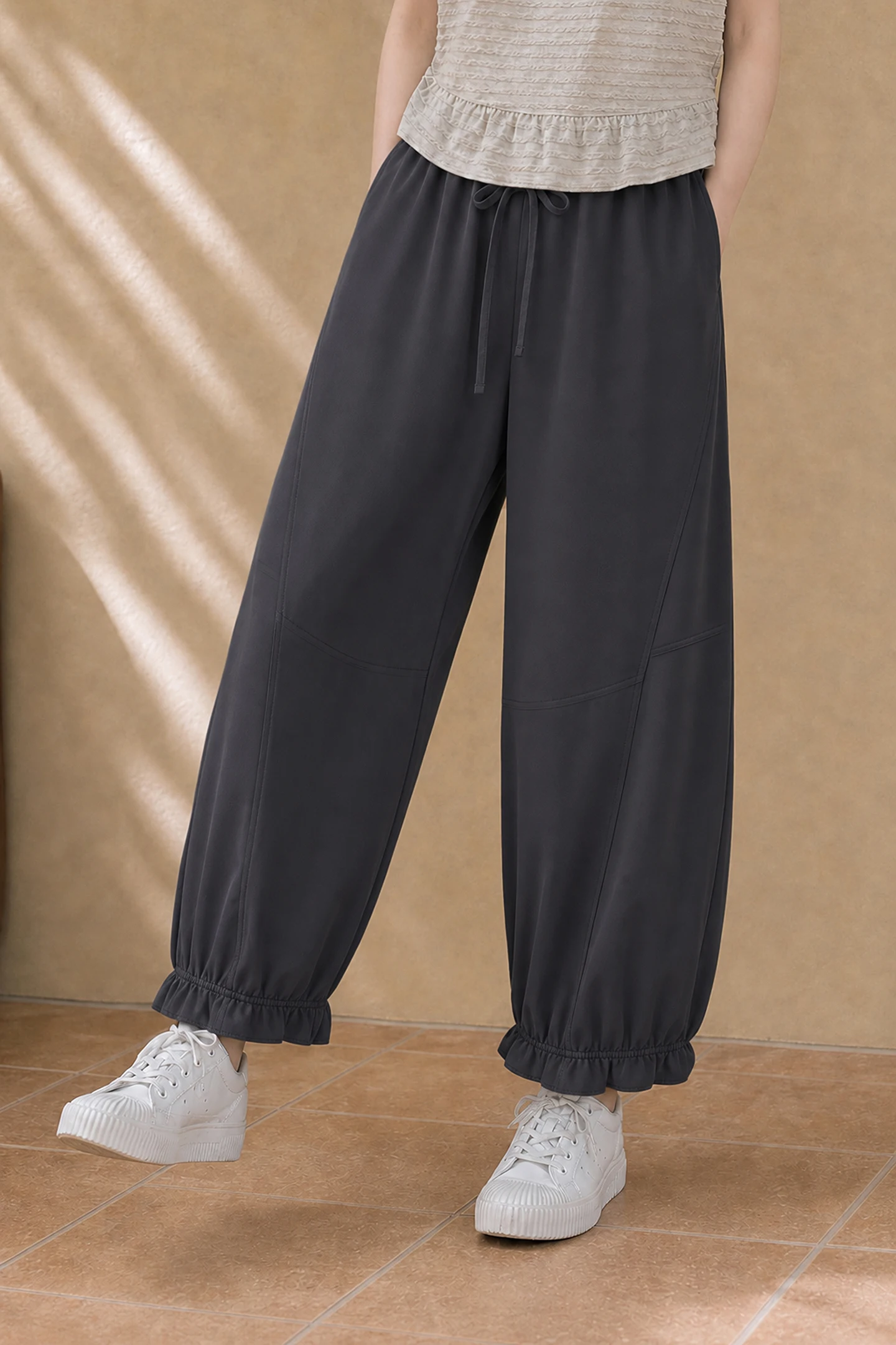 XIAOGULI Women Elastic Waist Loose Fit Ankle Jogger Pants Floral Ruffle Trim Quick-Dry Lightweight Korean Style Daily Outfit