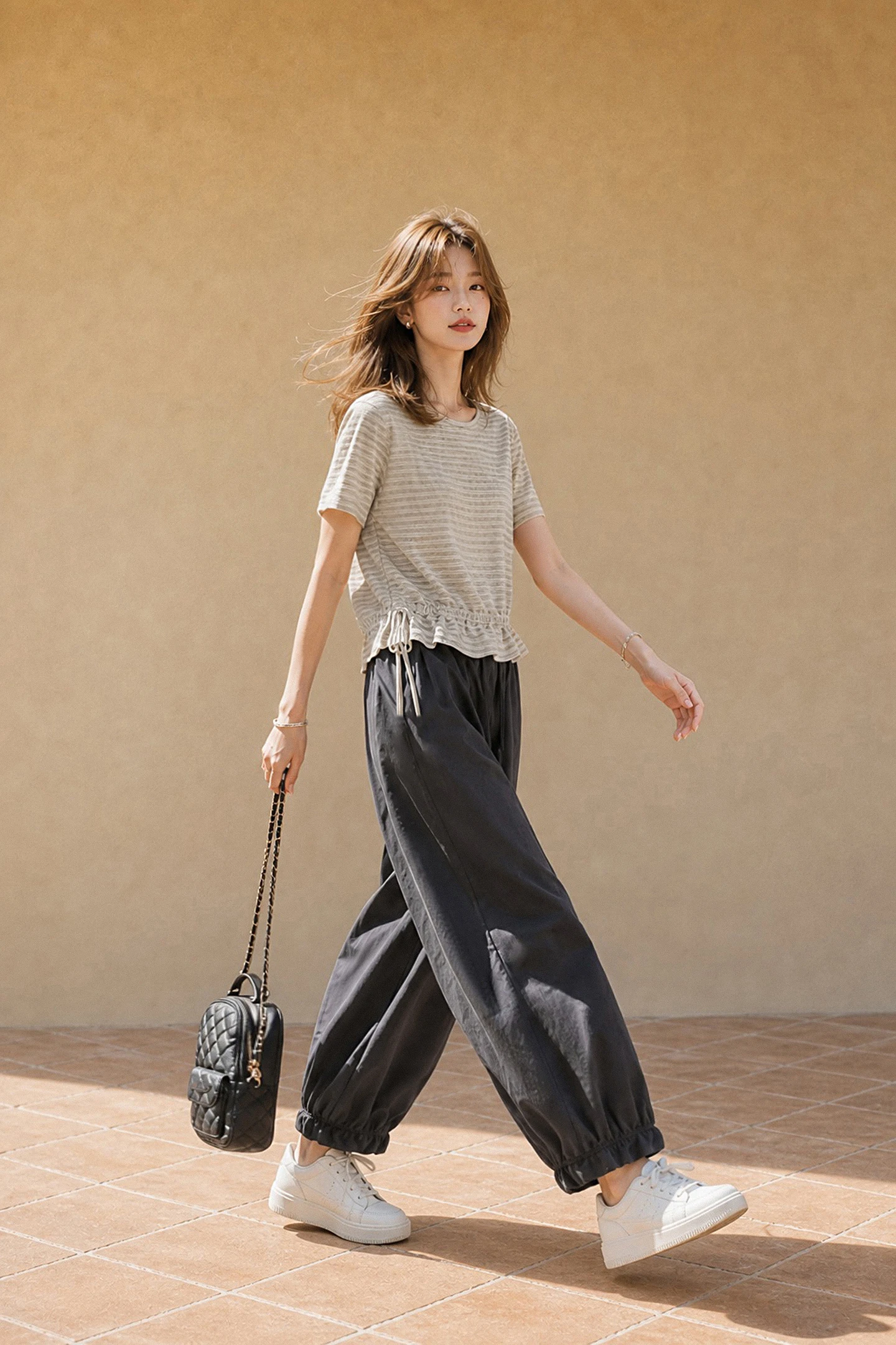 XIAOGULI Women Elastic Waist Loose Fit Ankle Jogger Pants Floral Ruffle Trim Quick-Dry Lightweight Korean Style Daily Outfit