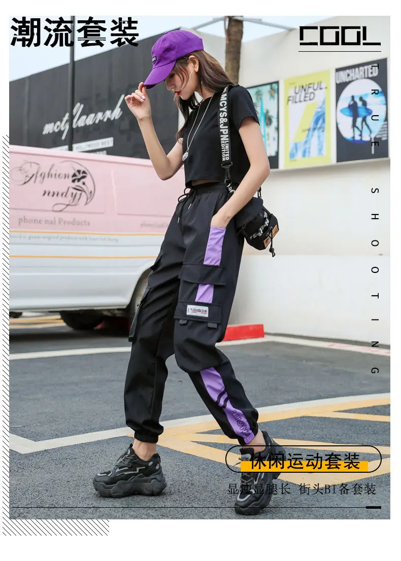 Women's Joggers Casual Sports Girls Fashion Hip-hop Streetwear Pants Fashion Cargo Pants Female Dance Sweatpants Trousers Black