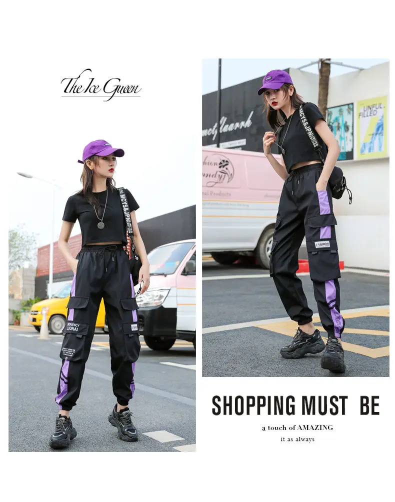 Women's Joggers Casual Sports Girls Fashion Hip-hop Streetwear Pants Fashion Cargo Pants Female Dance Sweatpants Trousers Black