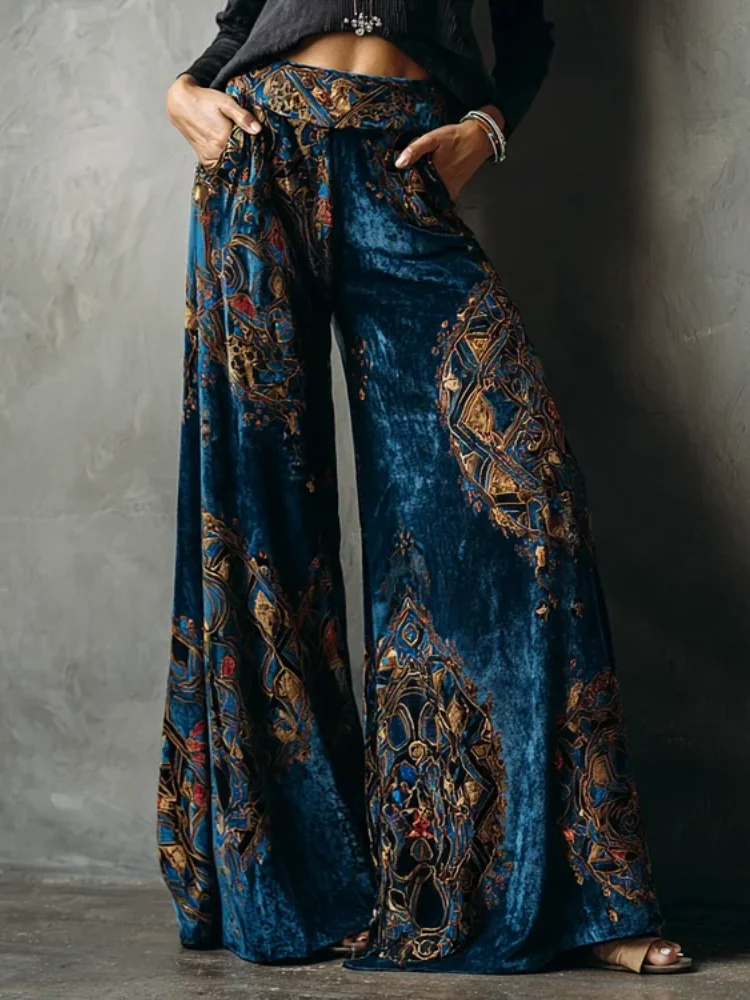 Wide Leg Pants Women Retro Ethnic Style High Waist Velvet Trousers Fashion Casual Vintage Pantalon Femme Pocket Loose Bottoms