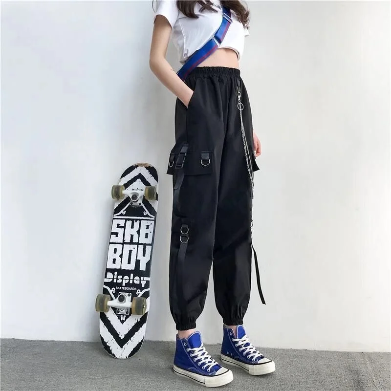 Women Cargo Pants  Harem Pants Fashion Punk Pockets Jogger Trousers With Chain Harajuku Elastics High Waist Streetwear