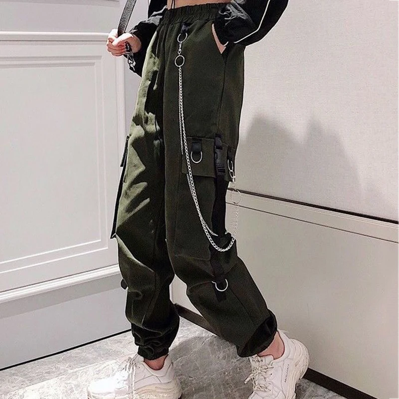Women Cargo Pants  Harem Pants Fashion Punk Pockets Jogger Trousers With Chain Harajuku Elastics High Waist Streetwear