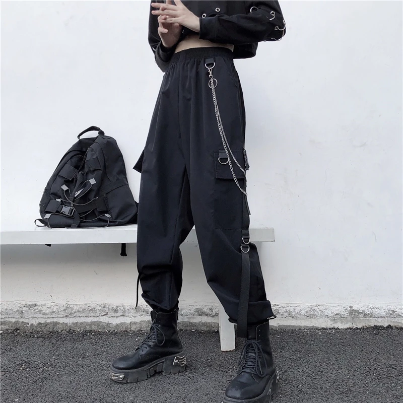 Women Cargo Pants  Harem Pants Fashion Punk Pockets Jogger Trousers With Chain Harajuku Elastics High Waist Streetwear