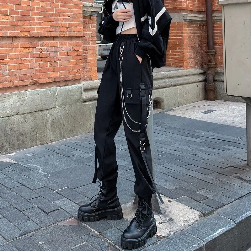 Women Cargo Pants  Harem Pants Fashion Punk Pockets Jogger Trousers With Chain Harajuku Elastics High Waist Streetwear