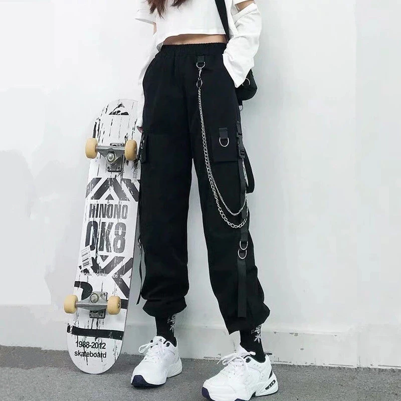 Women Cargo Pants  Harem Pants Fashion Punk Pockets Jogger Trousers With Chain Harajuku Elastics High Waist Streetwear