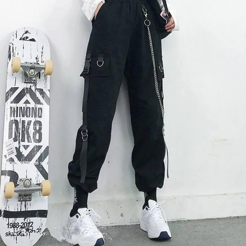 Women Cargo Pants  Harem Pants Fashion Punk Pockets Jogger Trousers With Chain Harajuku Elastics High Waist Streetwear
