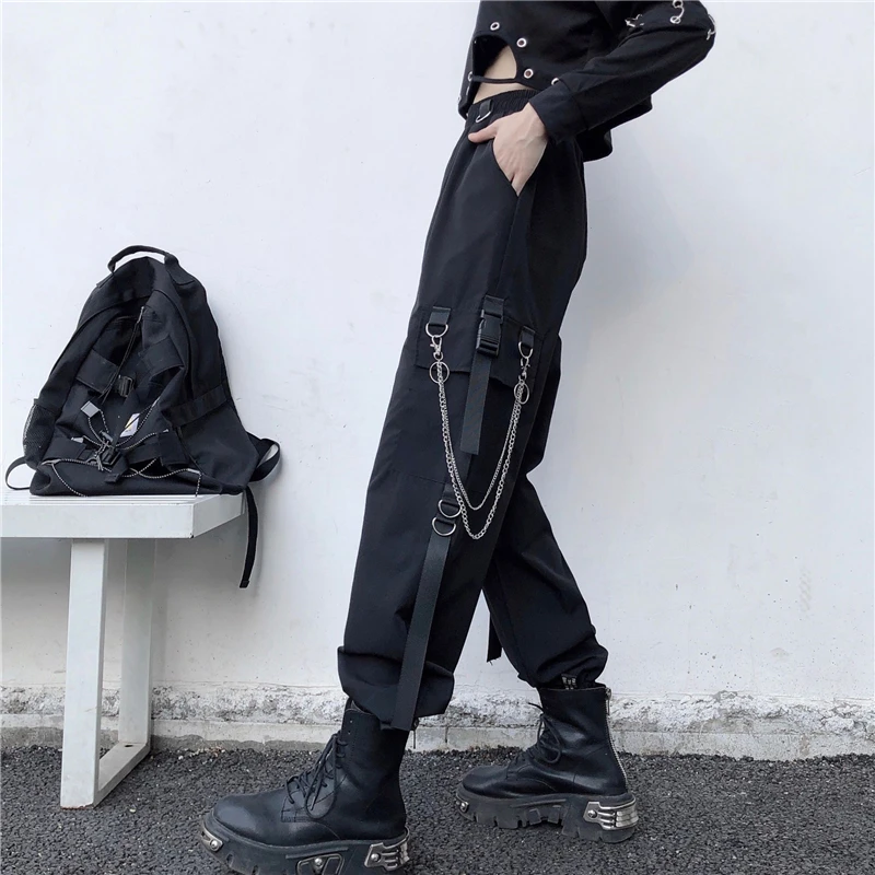 Women Cargo Pants  Harem Pants Fashion Punk Pockets Jogger Trousers With Chain Harajuku Elastics High Waist Streetwear