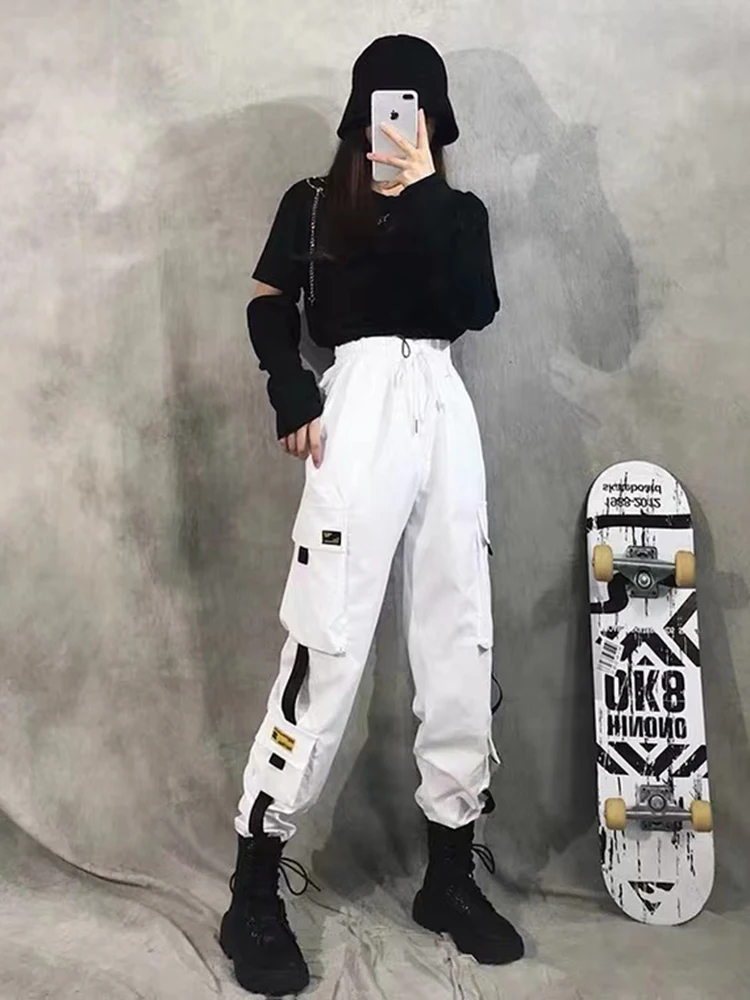 Women Cargo Pants  Harem Pants Fashion Punk Pockets Jogger Trousers With Chain Harajuku Elastics High Waist Streetwear