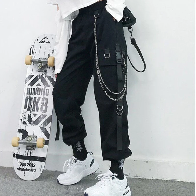 Women Cargo Pants  Harem Pants Fashion Punk Pockets Jogger Trousers With Chain Harajuku Elastics High Waist Streetwear