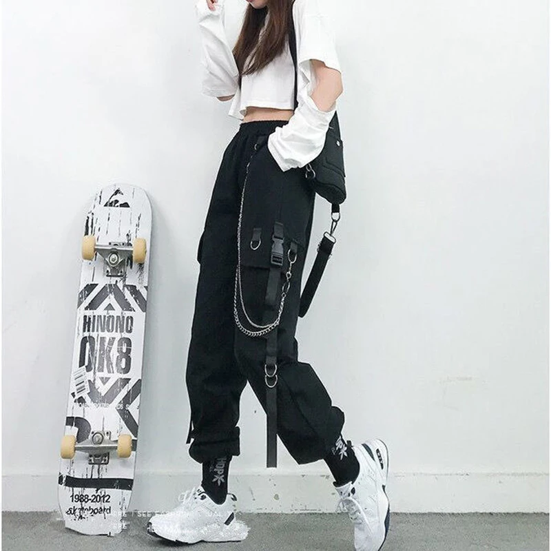 Women Cargo Pants  Harem Pants Fashion Punk Pockets Jogger Trousers With Chain Harajuku Elastics High Waist Streetwear