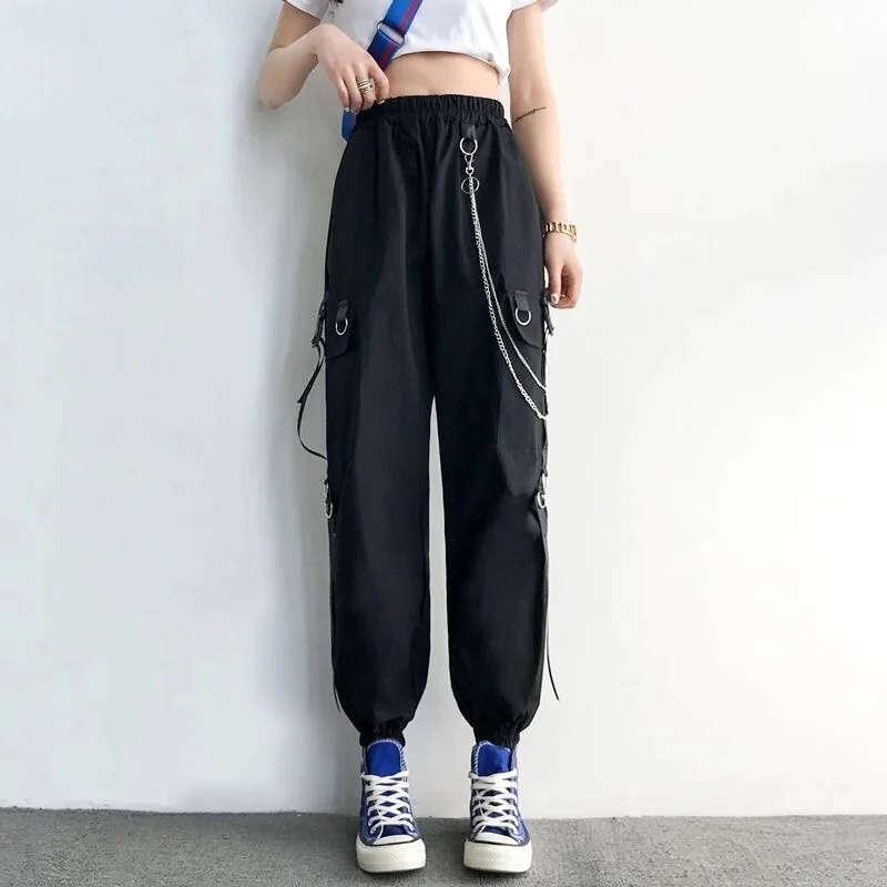 Women Cargo Pants  Harem Pants Fashion Punk Pockets Jogger Trousers With Chain Harajuku Elastics High Waist Streetwear